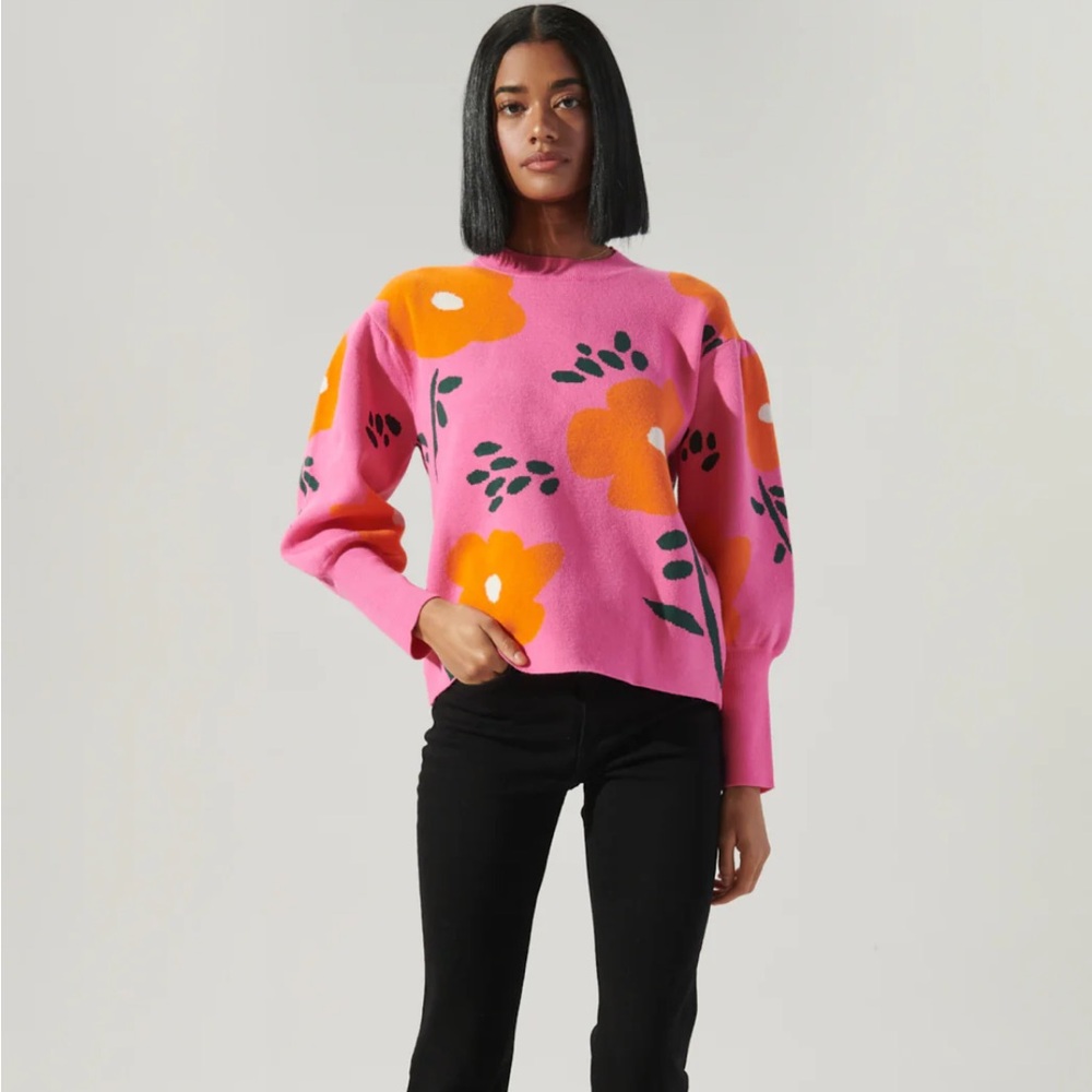Sugarlips bright floral puff sleeve cozy sweater